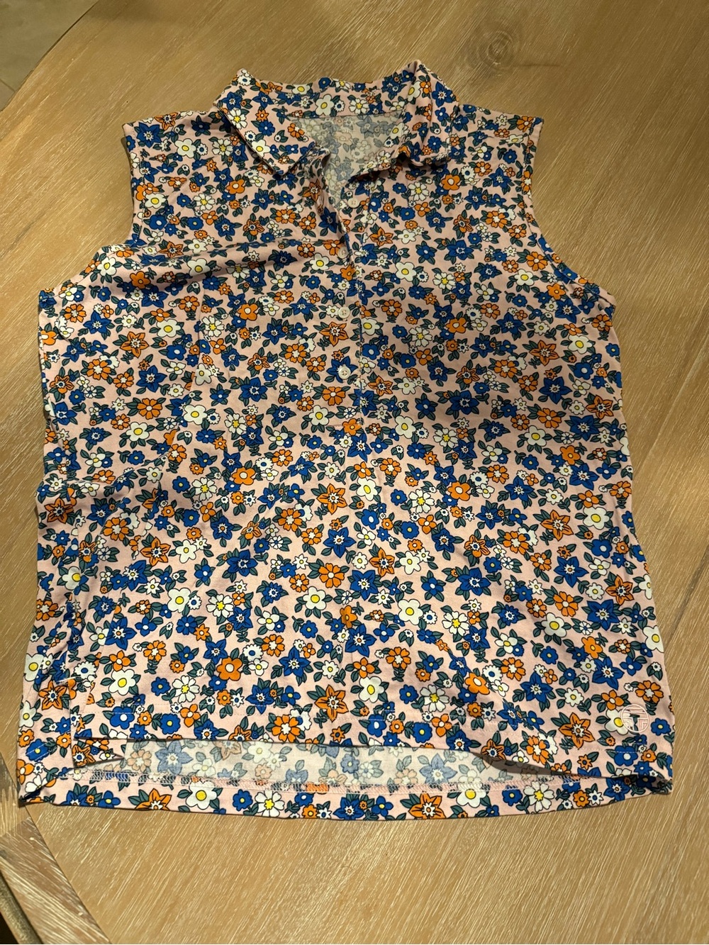 Tory Sport Pink Floral Sleeveless Collared Top with Blue & Orange Blooms